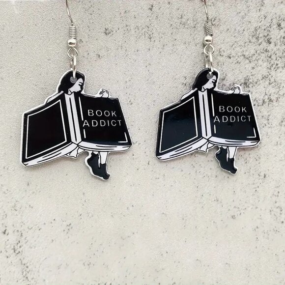 Acrylic Earrings,"Book Addict" Engraved Magic Book Design Vintage Style Dangle - Picture 3 of 5